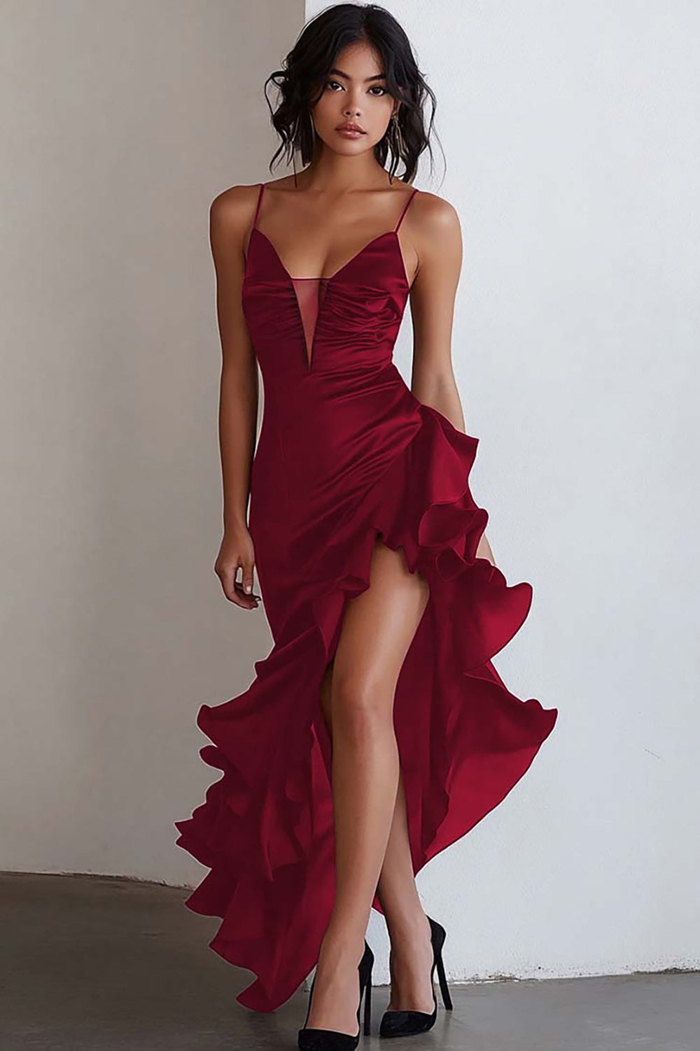 Black Spaghetti Straps Ruffled Cocktail Dress