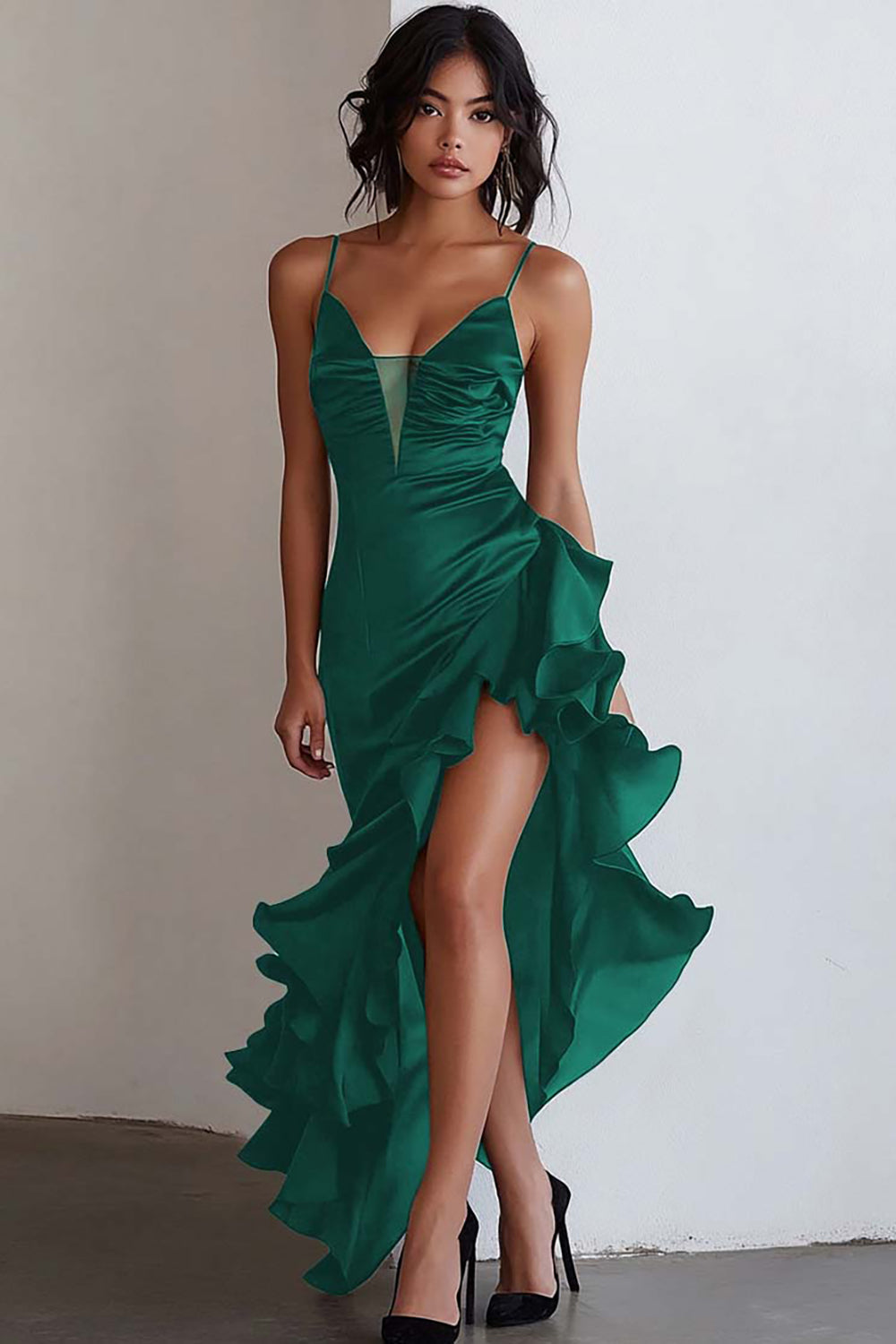 Black Spaghetti Straps Ruffled Cocktail Dress