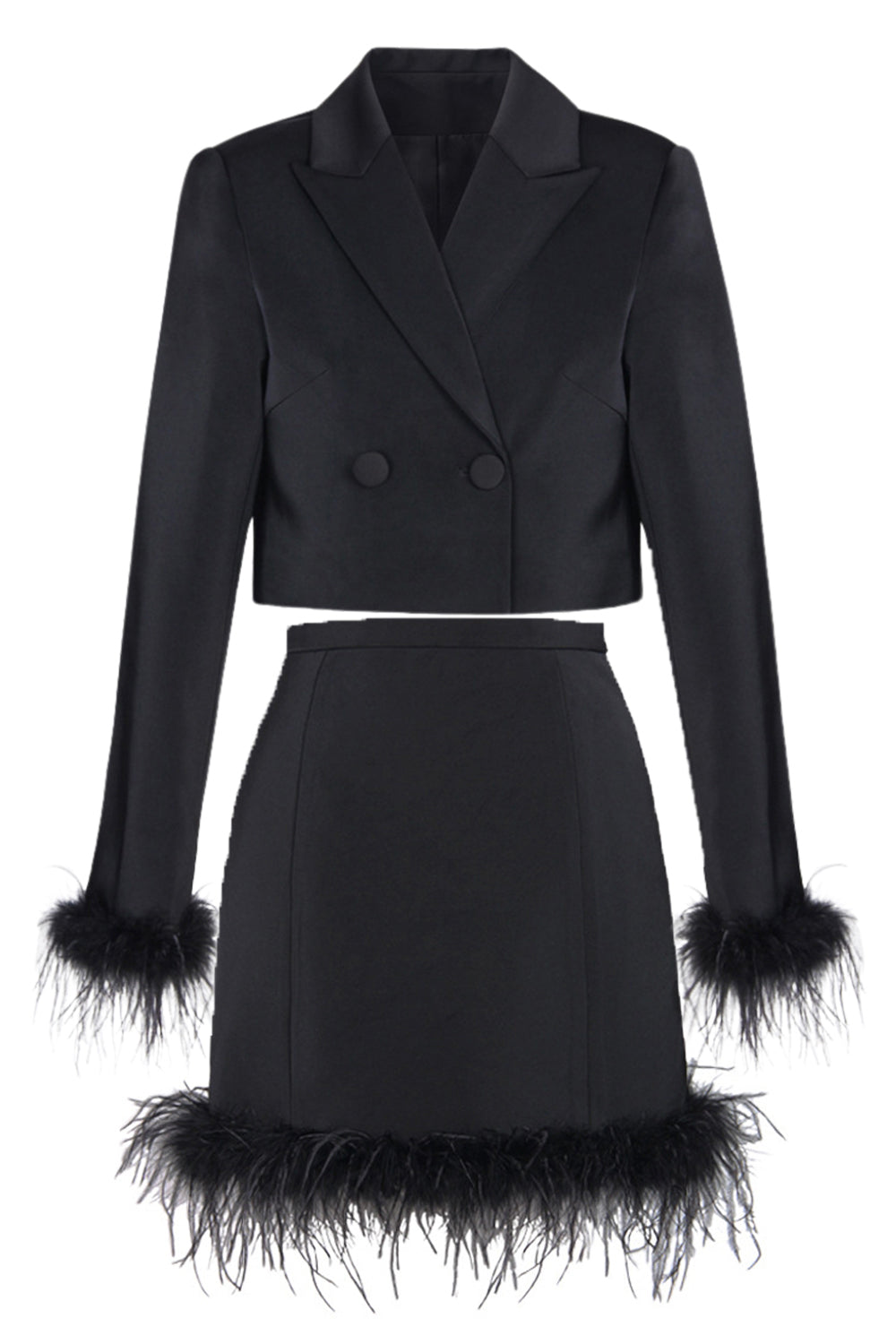 Black 2 Piece Peak Lapel Short Women Prom Suits with Feather
