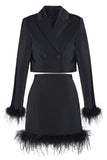 Black 2 Piece Peak Lapel Short Women Prom Suits with Feather