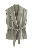 Grey Green 2 Piece Notched Lpael Sleeveless Women Prom Suits