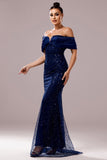 Sparkly Off The Shoulder Navy Mermaid Prom Dress