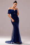 Sparkly Off The Shoulder Navy Mermaid Prom Dress