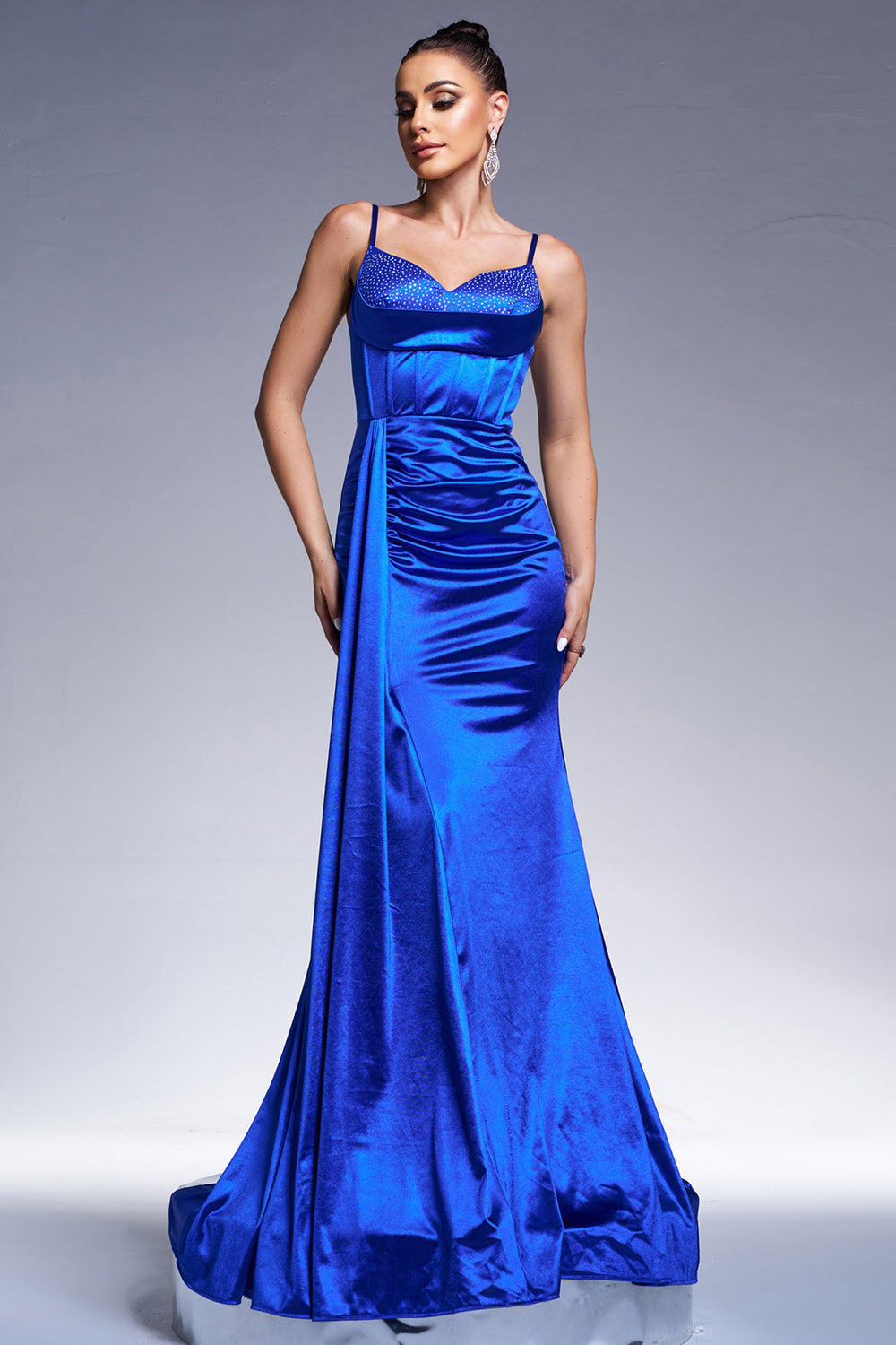 Royal Blue Mermaid Satin Prom Dress with Streamer