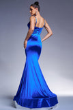 Royal Blue Mermaid Satin Prom Dress with Streamer