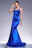 Royal Blue Mermaid Satin Prom Dress with Streamer