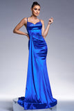 Royal Blue Mermaid Satin Prom Dress with Streamer