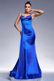Royal Blue Mermaid Satin Prom Dress with Streamer