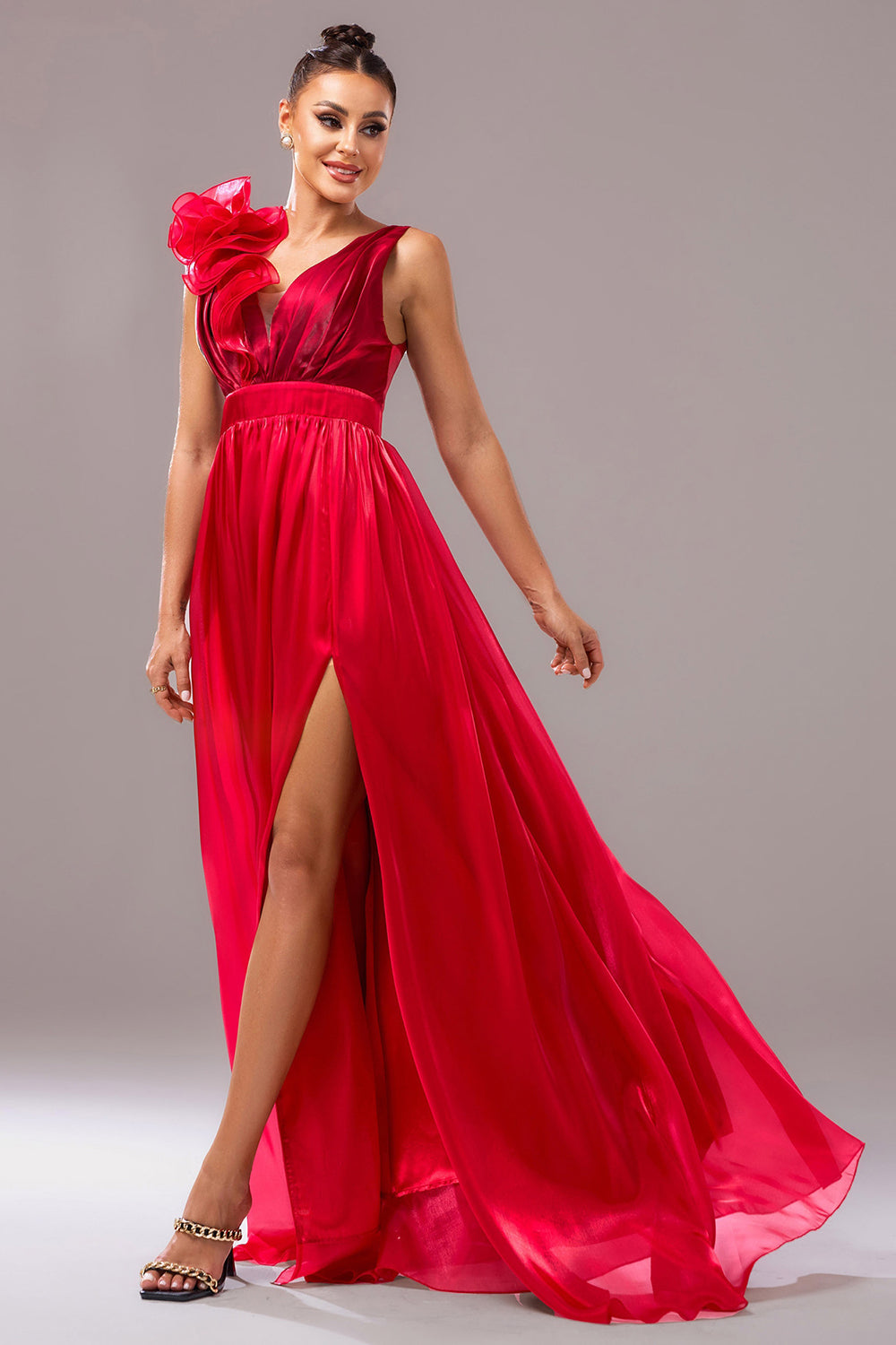 Red V-Neck A-Line Prom Dress with 3D Flower