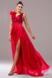 Red V-Neck A-Line Prom Dress with 3D Flower