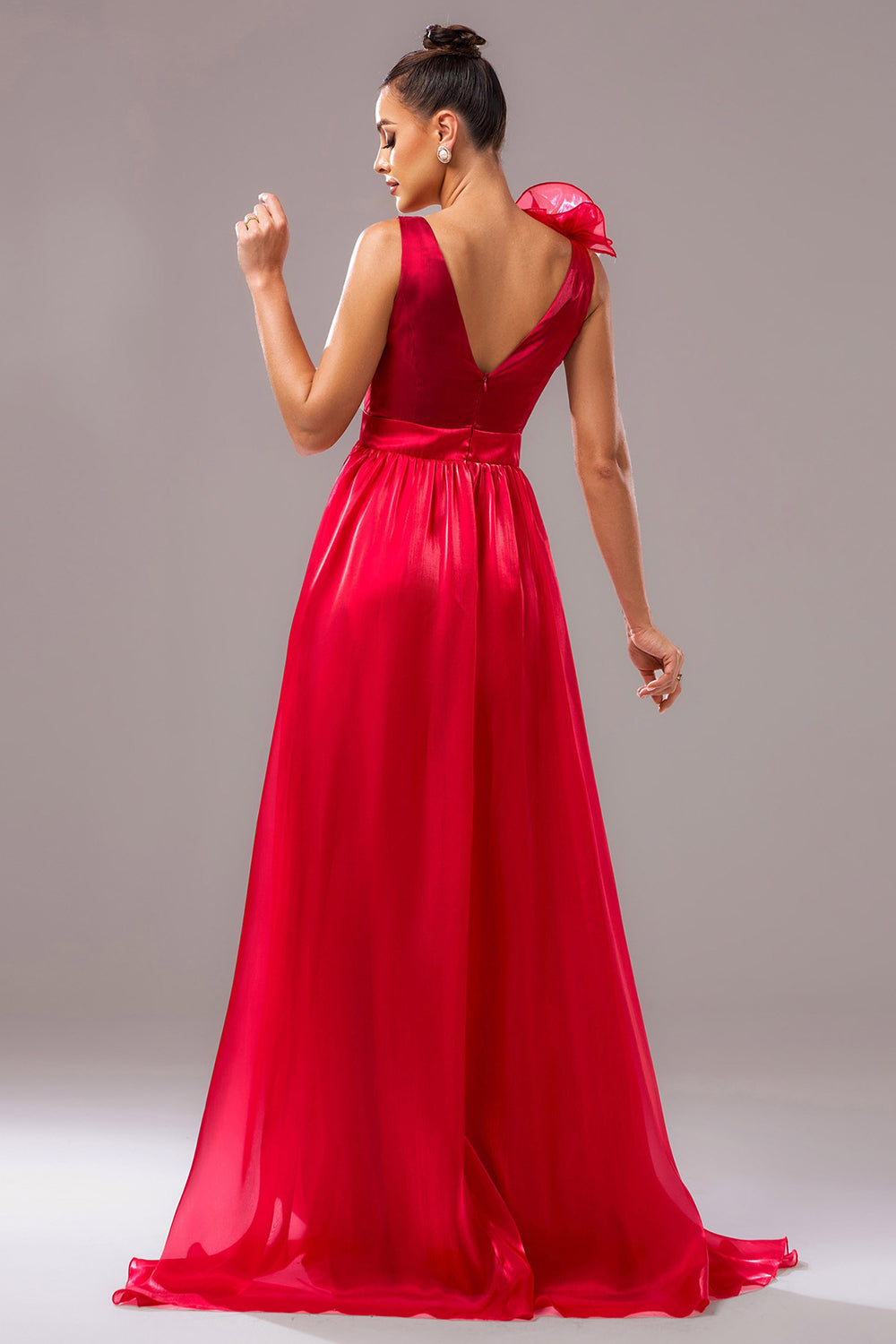 Red V-Neck A-Line Prom Dress with 3D Flower