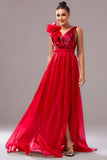 Red V-Neck A-Line Prom Dress with 3D Flower