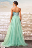 Strapless A Line Green Tulle Prom Dress with Bow