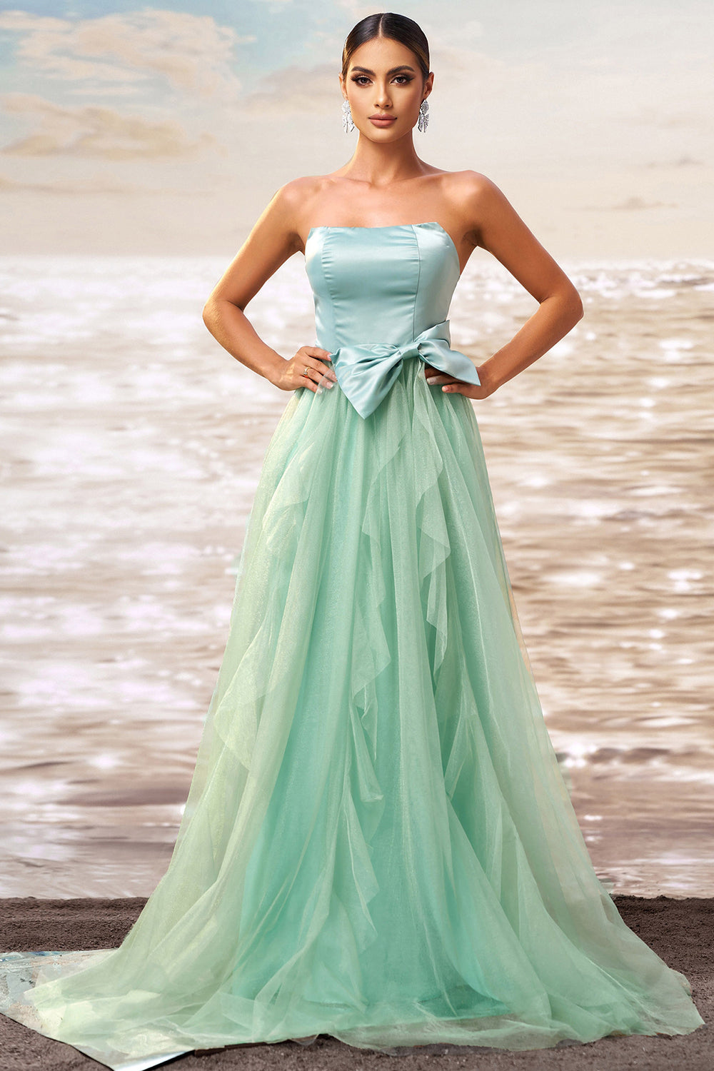 Strapless A Line Green Tulle Prom Dress with Bow