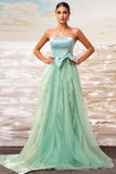 Strapless A Line Green Tulle Prom Dress with Bow