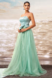 Strapless A Line Green Tulle Prom Dress with Bow