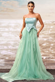 Strapless A Line Green Tulle Prom Dress with Bow