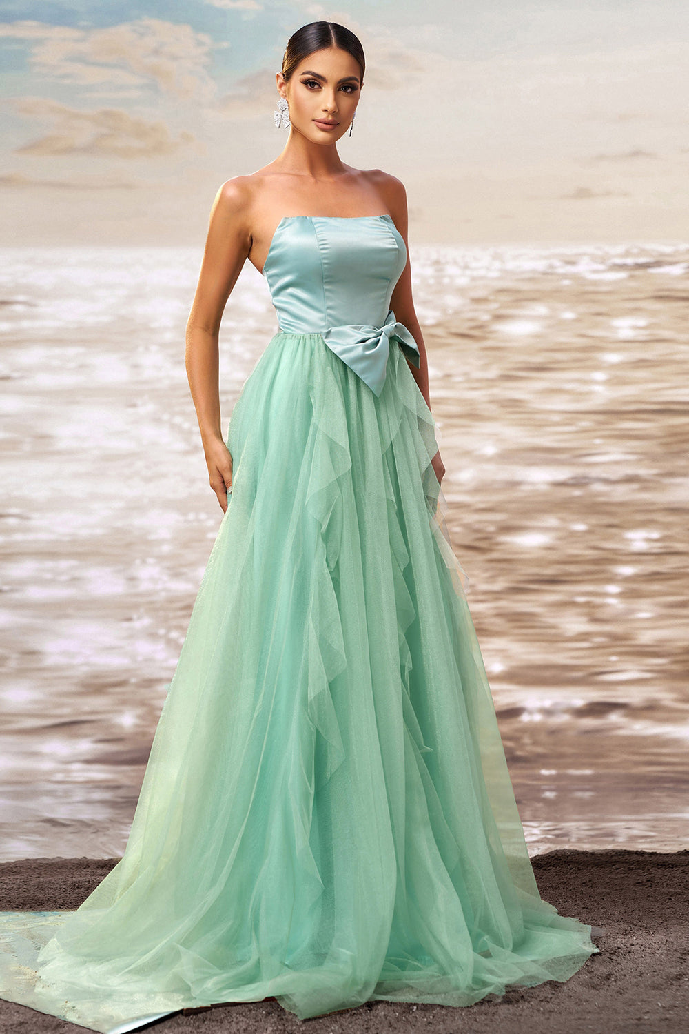 Strapless A Line Green Tulle Prom Dress with Bow