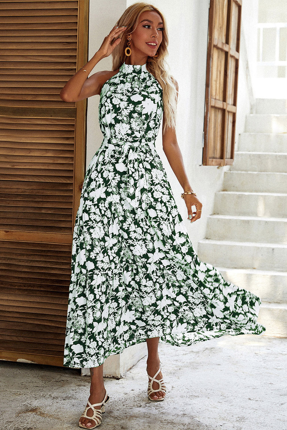 Black Floral A Line Summer Dress with Belt