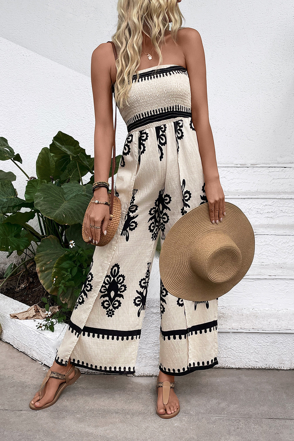 Light Kahki Printed Strapless Summer Dress