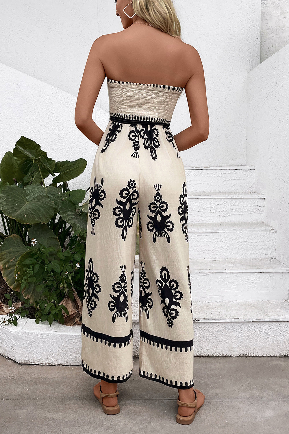 Light Kahki Printed Strapless Summer Dress