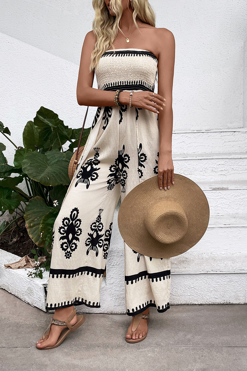 Light Kahki Printed Strapless Summer Dress