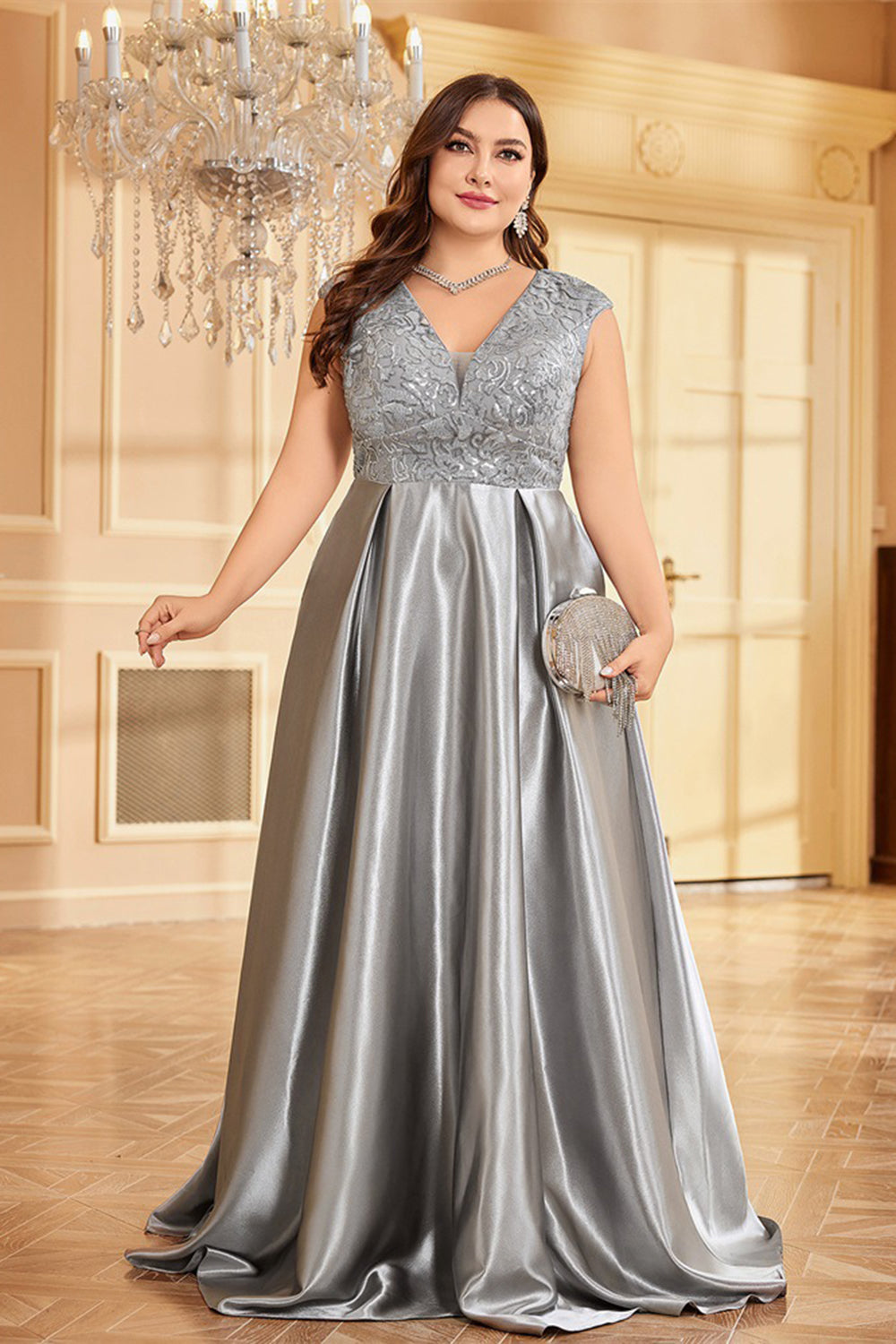 Blush Pink Plus Size Satin Long Mother Of The Bride Dress