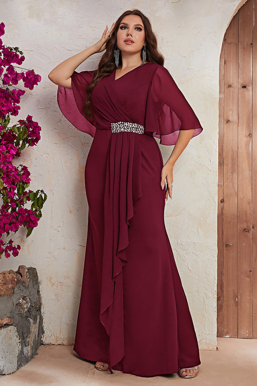 Plus Size Black Chiffon Long Mother of the Bride Dress with Ruffles