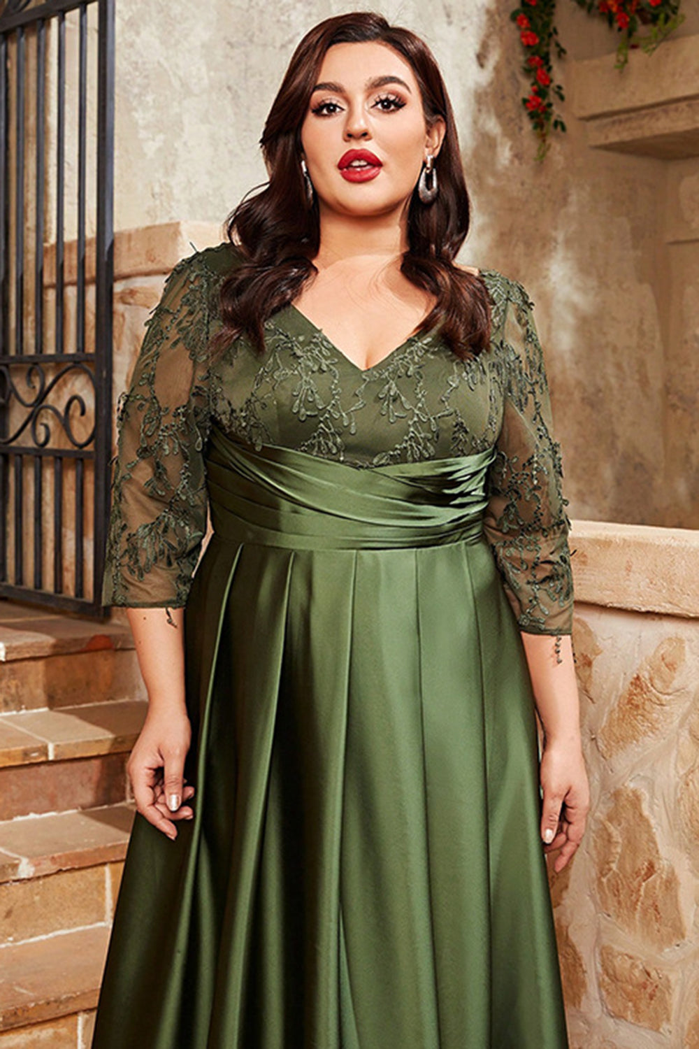 Olive Satin A Line Long Mother of the Bride Dress with Appliques