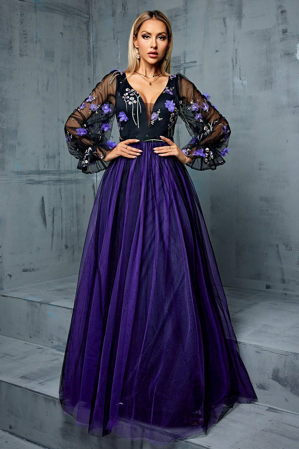 Floral Navy A Line Long Tulle Mother of the Bride Dress