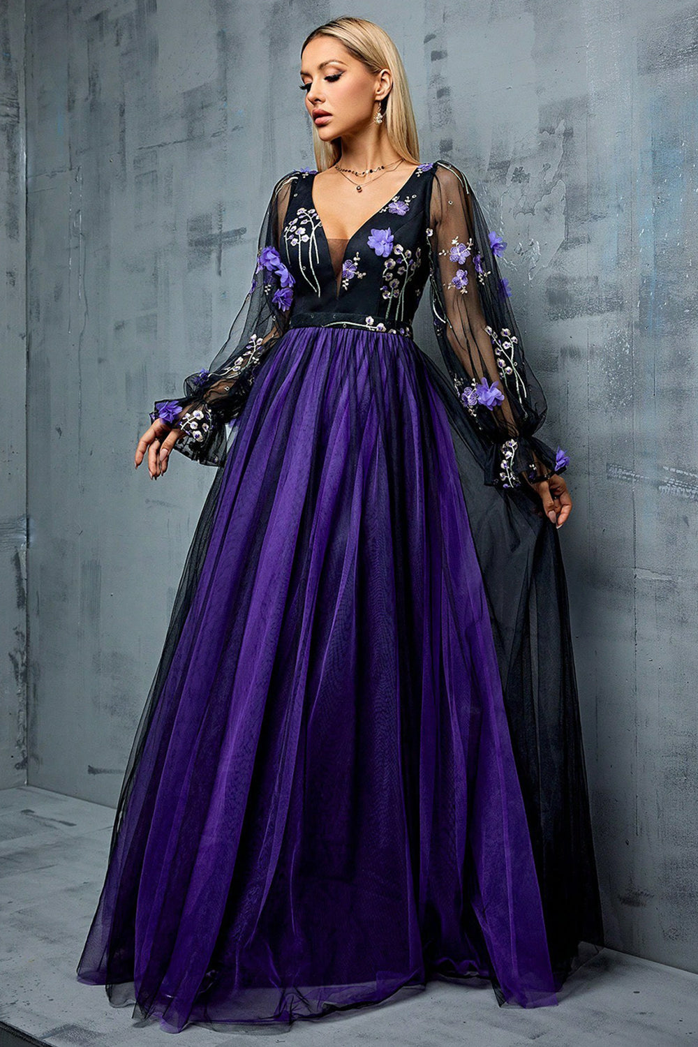 Floral Navy A Line Long Tulle Mother of the Bride Dress