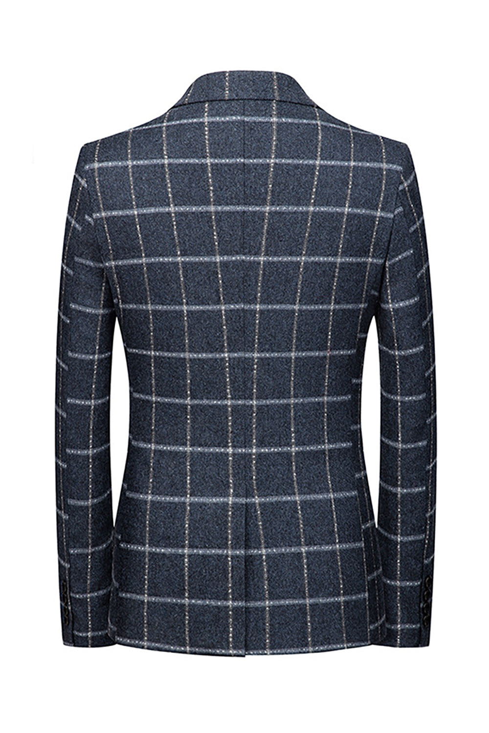 Dark Blue Plaid Notched Lapel Men's Blazer with Pockets