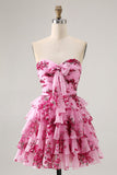 Pink Flower A-line Strapless Tiered Short Prom Dress with Front Bow
