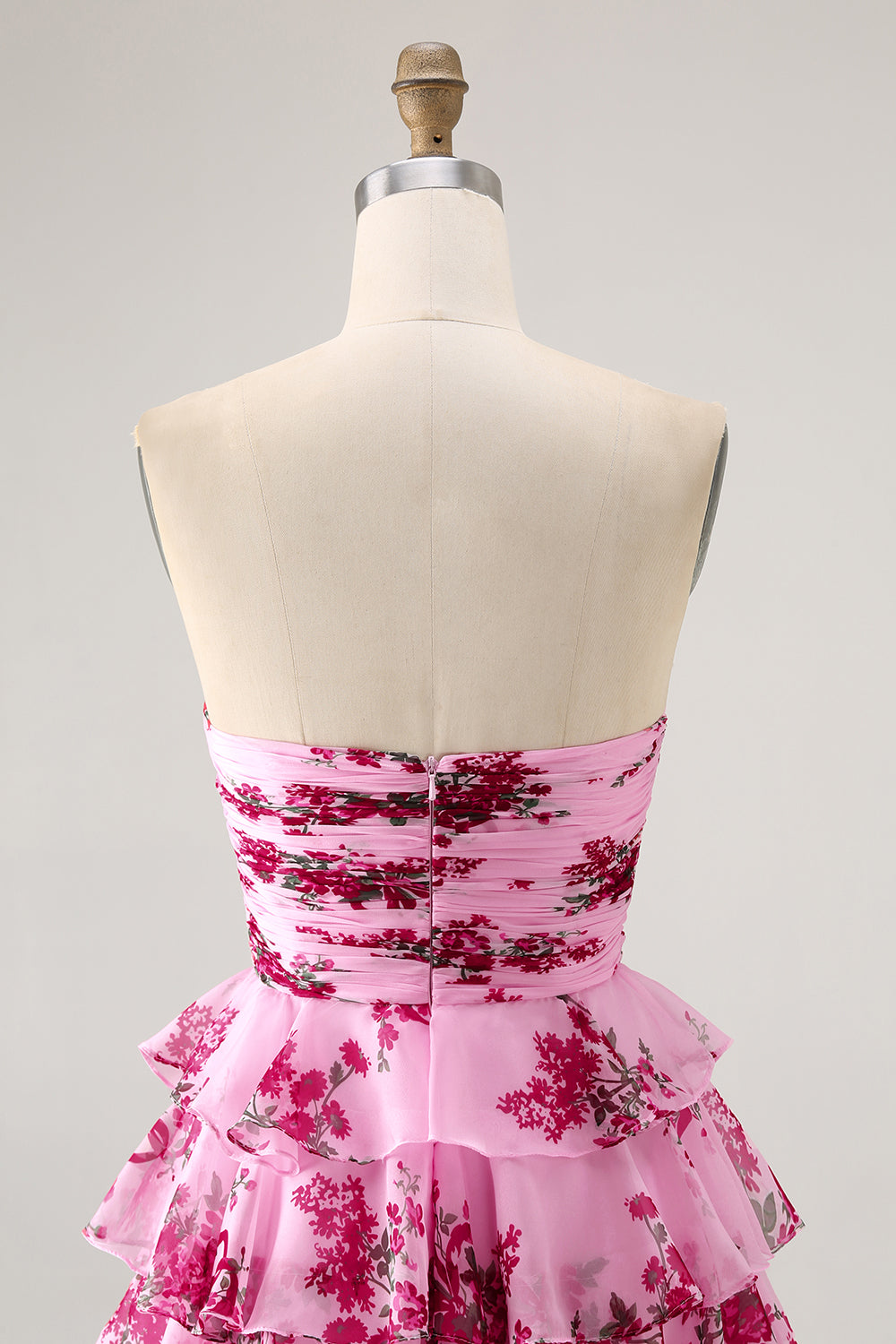 Pink Flower A-line Strapless Tiered Short Prom Dress with Front Bow