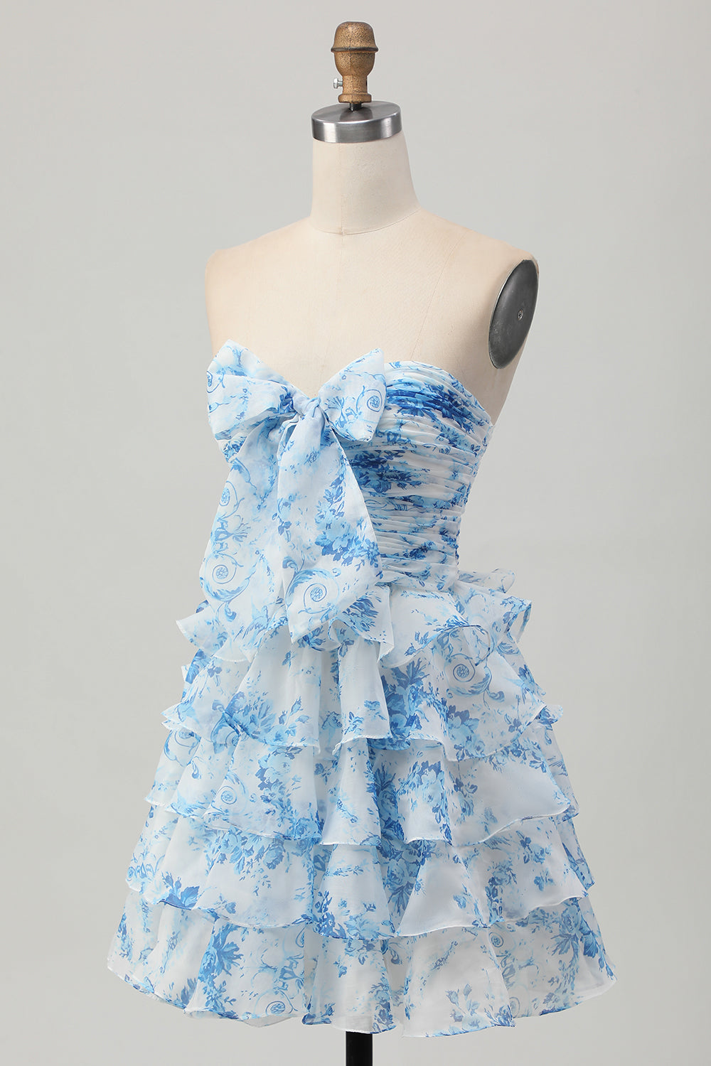Strapless White Blue Flower A-line Tiered Short Prom Dress with Bow