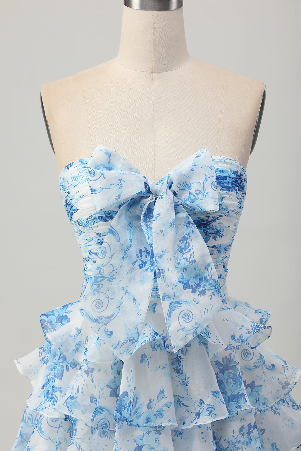 Strapless White Blue Flower A-line Tiered Short Prom Dress with Bow