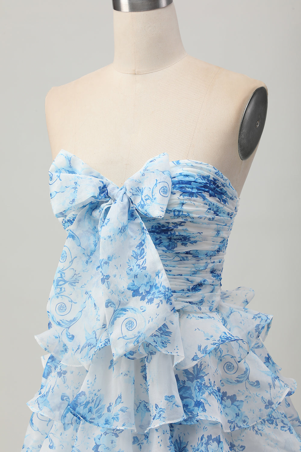 Strapless White Blue Flower A-line Tiered Short Prom Dress with Bow