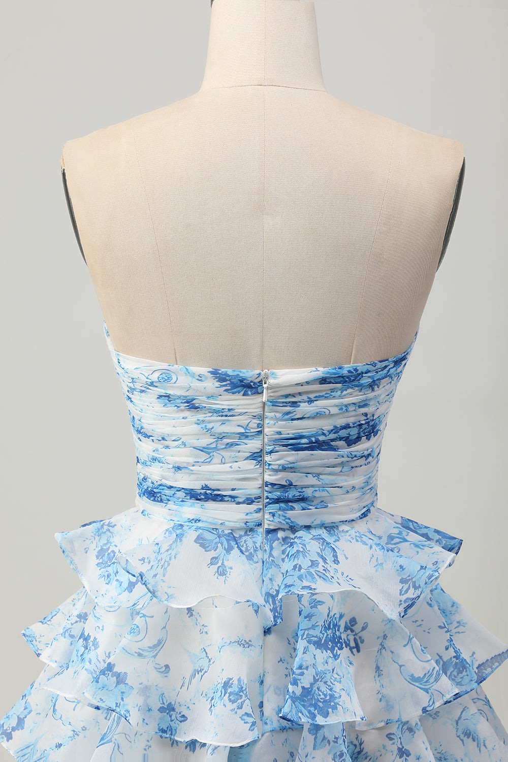 Strapless White Blue Flower A-line Tiered Short Prom Dress with Bow