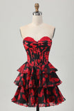 Black Red Floral A Line Sweetheart Tiered Corset Short Prom Dress
