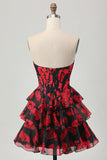 Black Red Floral A Line Sweetheart Tiered Corset Short Prom Dress