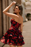 Black Red Floral A Line Sweetheart Tiered Corset Short Prom Dress