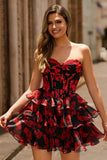 Black Red Floral A Line Sweetheart Tiered Corset Short Prom Dress