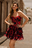Black Red Floral A Line Sweetheart Tiered Corset Short Prom Dress