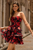 Black Red Floral A Line Sweetheart Tiered Corset Short Prom Dress