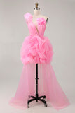 Hot Pink A Line One Shoulder Ruffled Short Party Dress