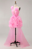 Hot Pink A Line One Shoulder Ruffled Short Party Dress