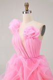 Hot Pink A Line One Shoulder Ruffled Short Party Dress