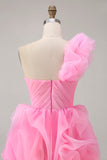 Hot Pink A Line One Shoulder Ruffled Short Party Dress