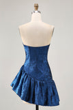 A Line Strapless Asymmetrical Dark Blue Short Prom Dress