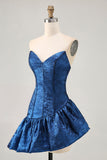 A Line Strapless Asymmetrical Dark Blue Short Prom Dress